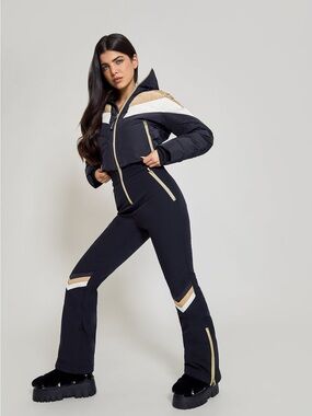 My Sunday Ski Chevron Black Tan White Puffer Jumpsuit Snow Ski Suit Size Small